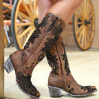 Noémie – Santiags mi-mollet brodées en cuir lisse