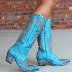 Noémie – Santiags mi-mollet brodées en cuir lisse