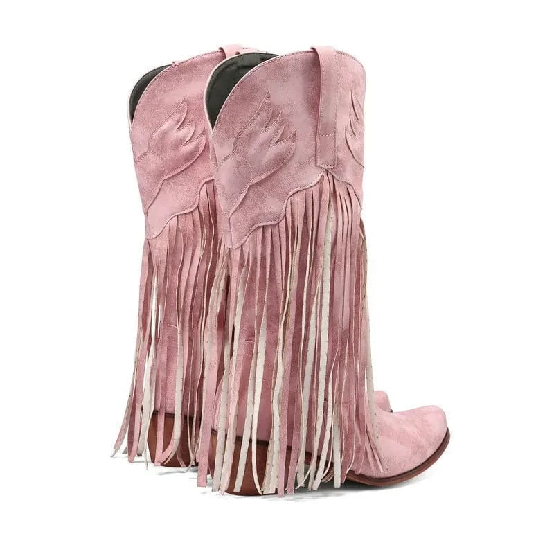 Solène – Santiags mi-mollet à franges, bout pointu en cuir suédé