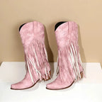 Solène – Santiags mi-mollet à franges, bout pointu en cuir suédé