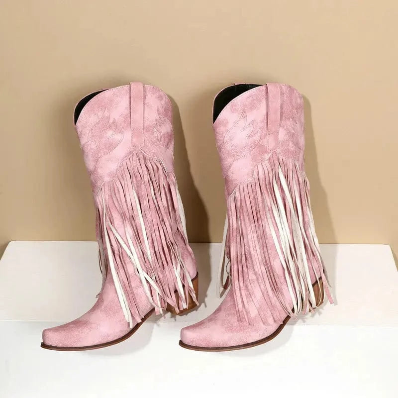 Solène – Santiags mi-mollet à franges, bout pointu en cuir suédé