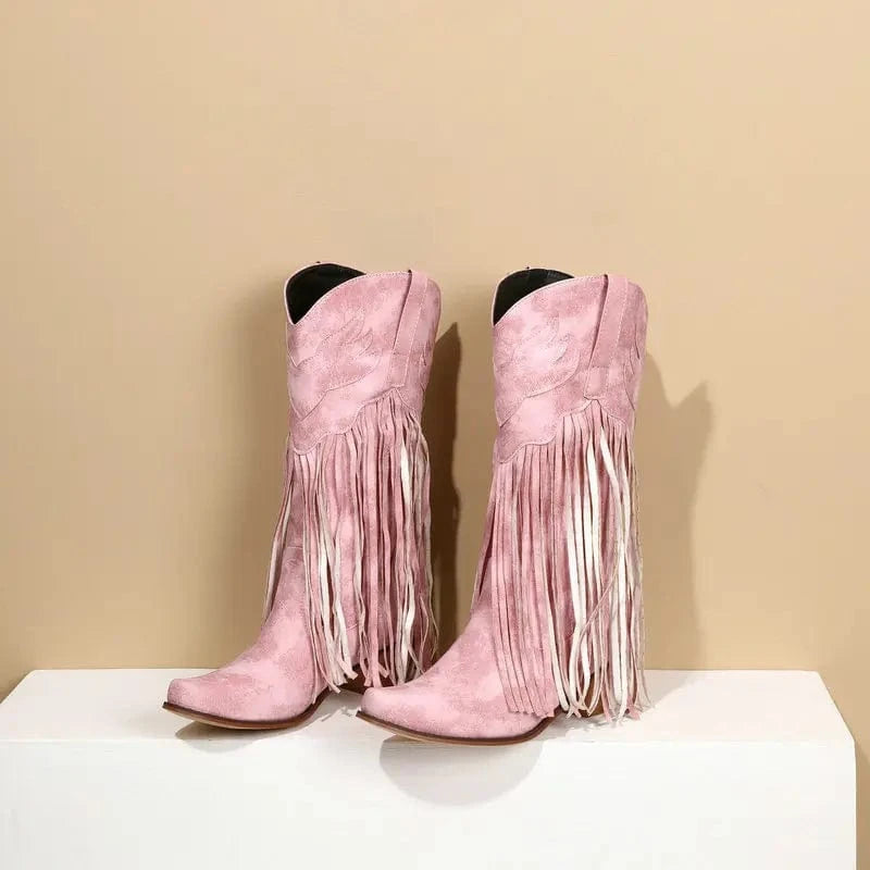 Solène – Santiags mi-mollet à franges, bout pointu en cuir suédé