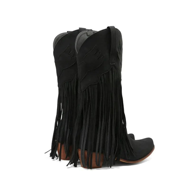 Solène – Santiags mi-mollet à franges, bout pointu en cuir suédé