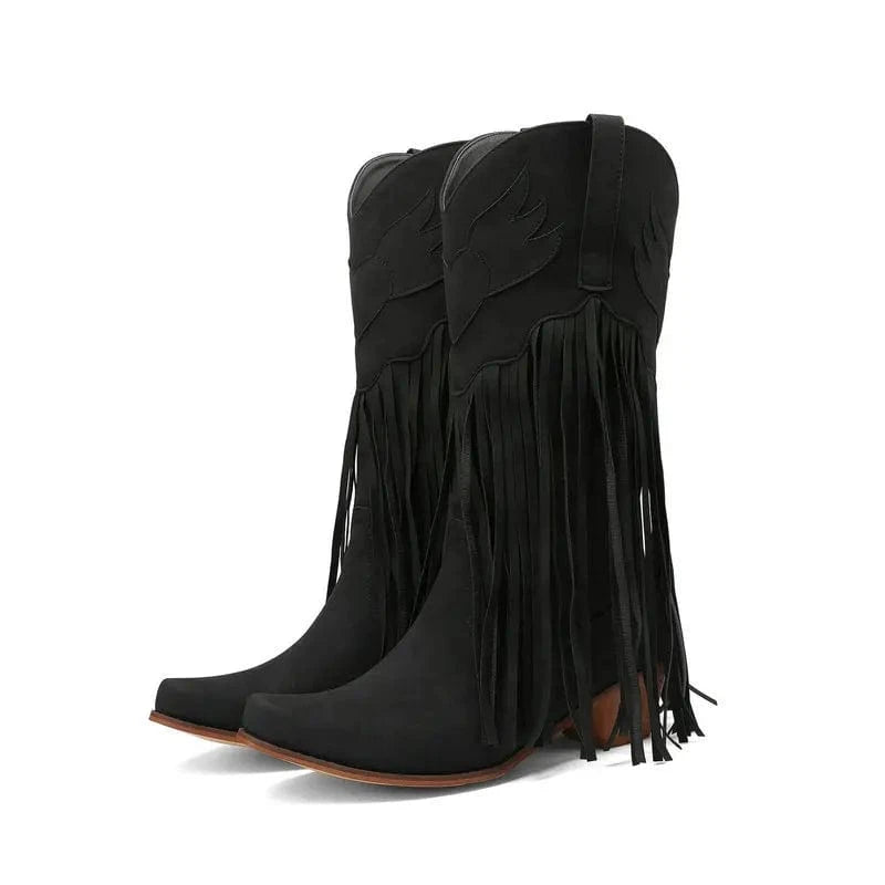 Solène – Santiags mi-mollet à franges, bout pointu en cuir suédé