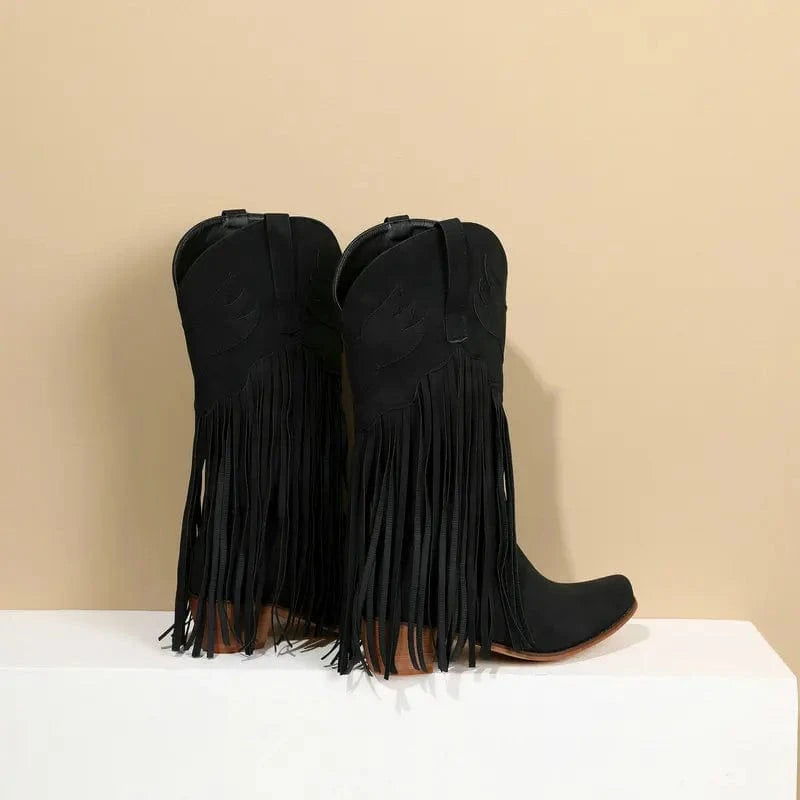 Solène – Santiags mi-mollet à franges, bout pointu en cuir suédé