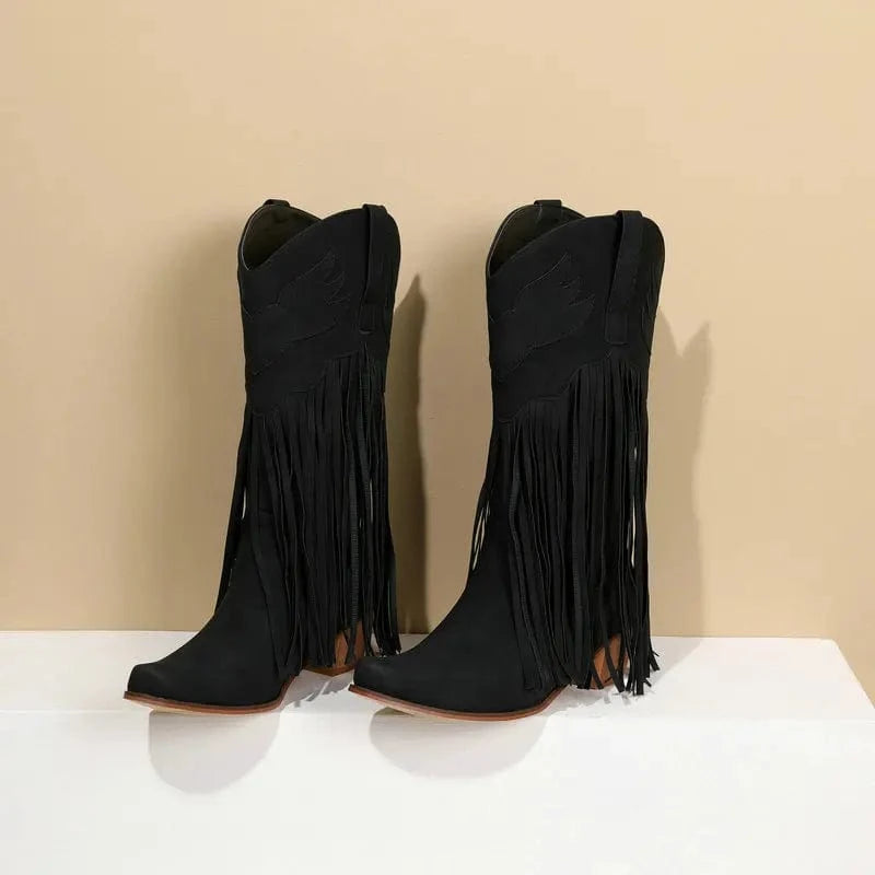 Solène – Santiags mi-mollet à franges, bout pointu en cuir suédé