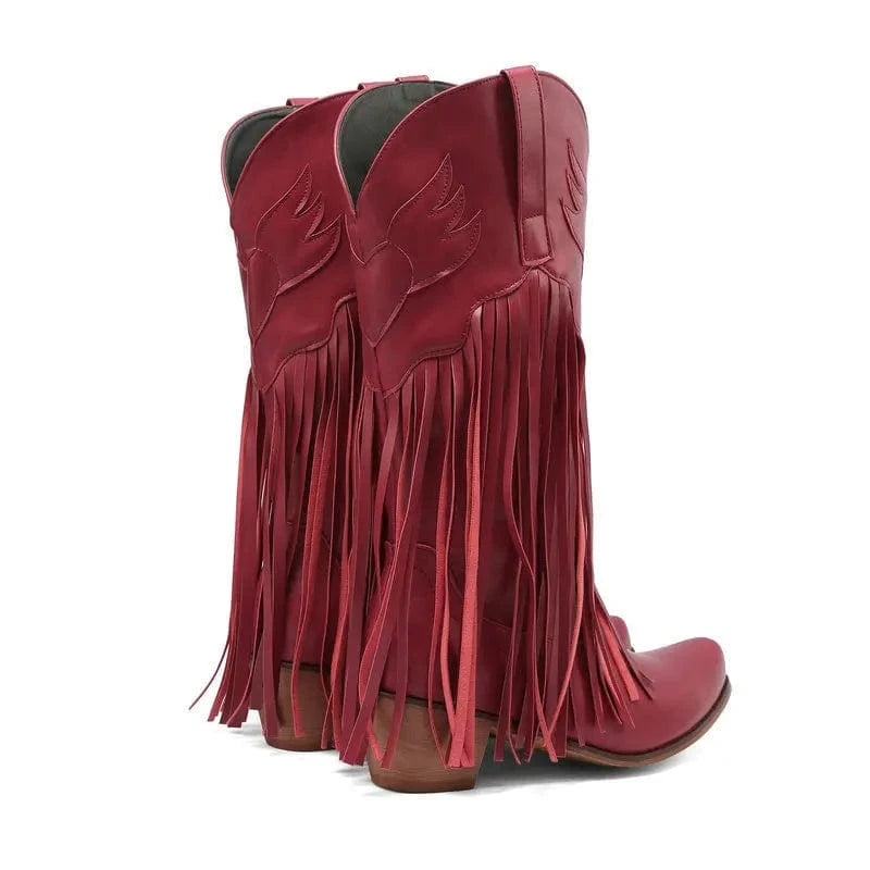 Solène – Santiags mi-mollet à franges, bout pointu en cuir suédé