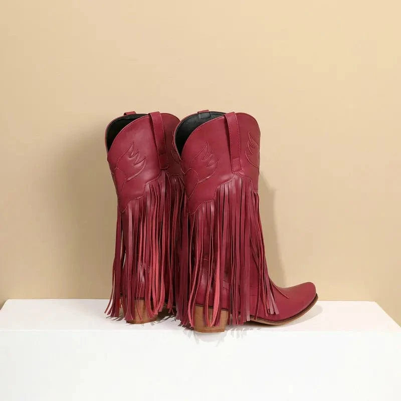 Solène – Santiags mi-mollet à franges, bout pointu en cuir suédé