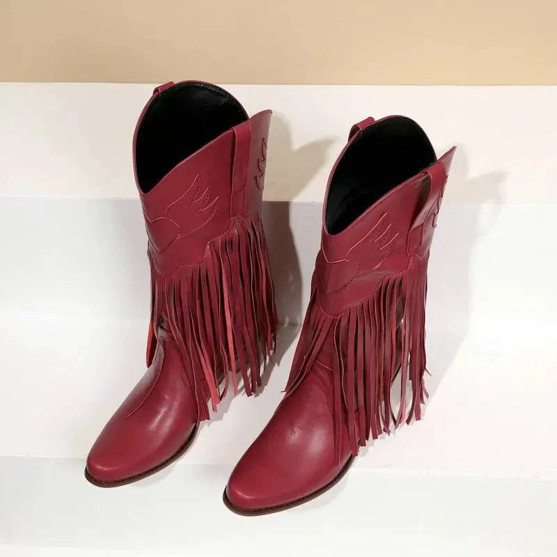 Solène – Santiags mi-mollet à franges, bout pointu en cuir suédé