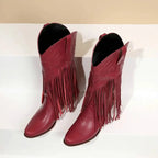 Solène – Santiags mi-mollet à franges, bout pointu en cuir suédé