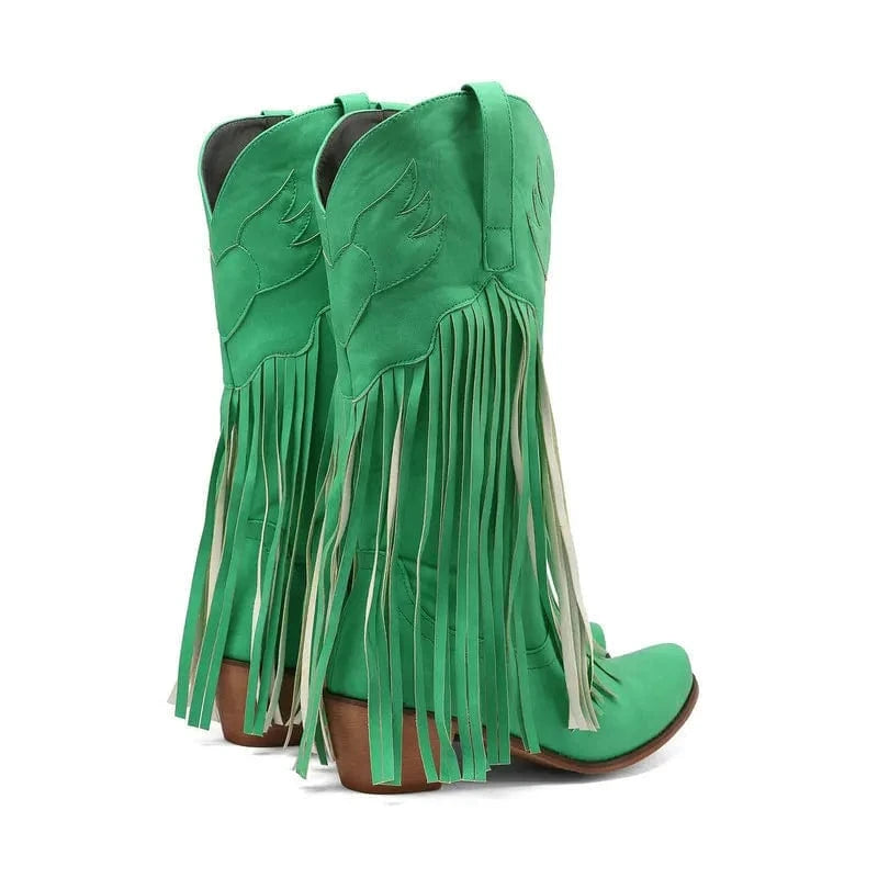 Solène – Santiags mi-mollet à franges, bout pointu en cuir suédé