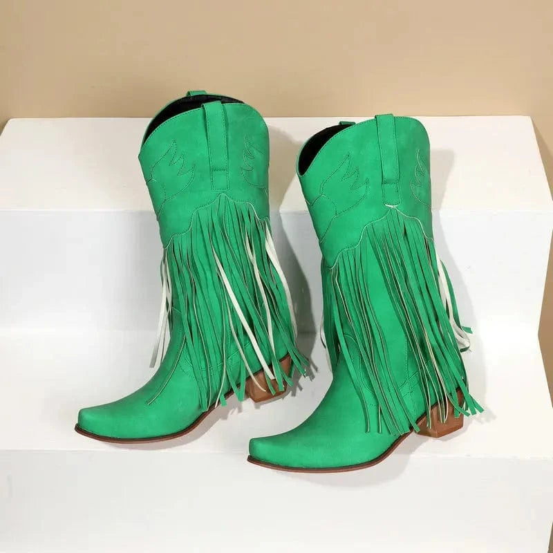 Solène – Santiags mi-mollet à franges, bout pointu en cuir suédé