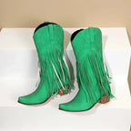 Solène – Santiags mi-mollet à franges, bout pointu en cuir suédé