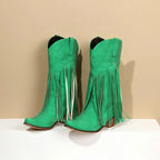 Solène – Santiags mi-mollet à franges, bout pointu en cuir suédé