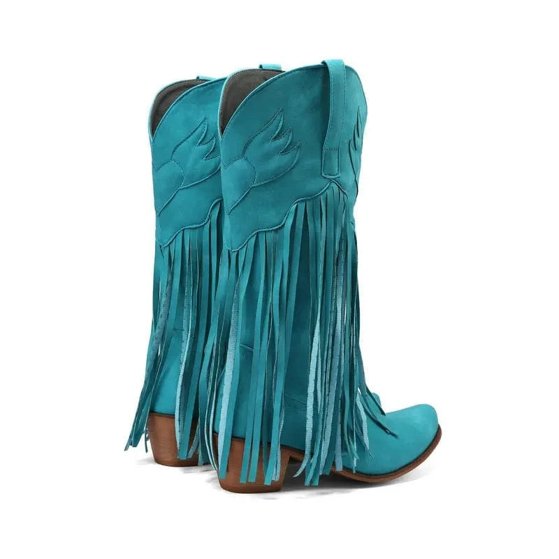 Solène – Santiags mi-mollet à franges, bout pointu en cuir suédé