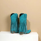 Solène – Santiags mi-mollet à franges, bout pointu en cuir suédé