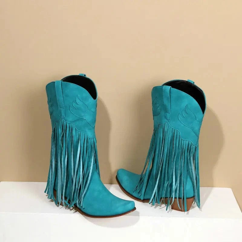 Solène – Santiags mi-mollet à franges, bout pointu en cuir suédé