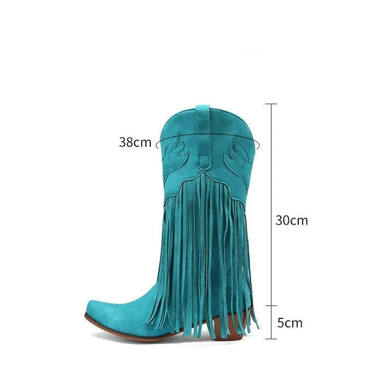 Solène – Santiags mi-mollet à franges, bout pointu en cuir suédé