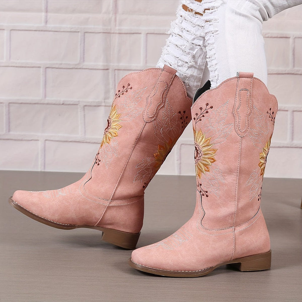 Solène – Santiags noires brodées de tournesols dorés en cuir lisse