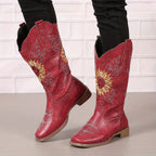 Solène – Santiags noires brodées de tournesols dorés en cuir lisse