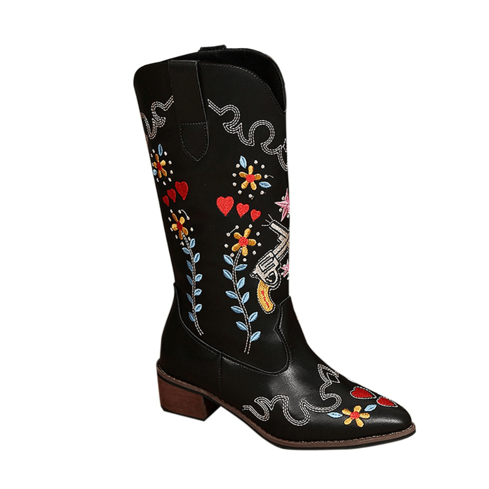 Ysaline – Santiags mi-hautes brodée en cuir lisse